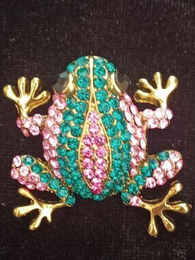Pink & Blue Striped Rhinestone Frog Brooch/Pendant